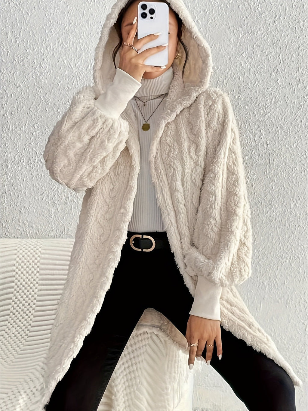 Women's Plush Fleece Soft Midi-Length Jacket with Pockets