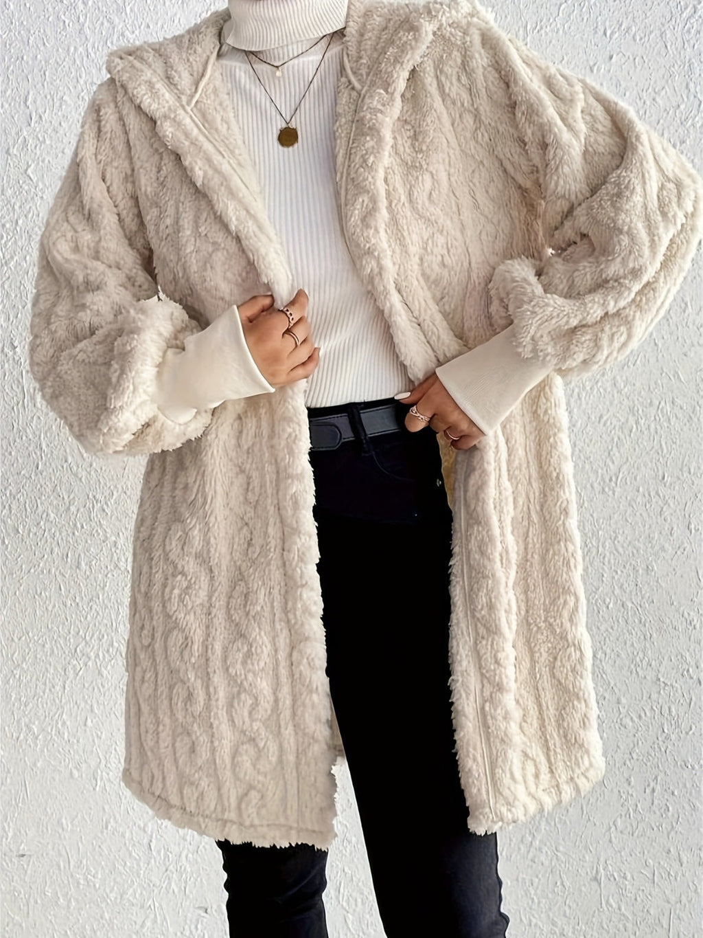 Women's Plush Fleece Soft Midi-Length Jacket with Pockets
