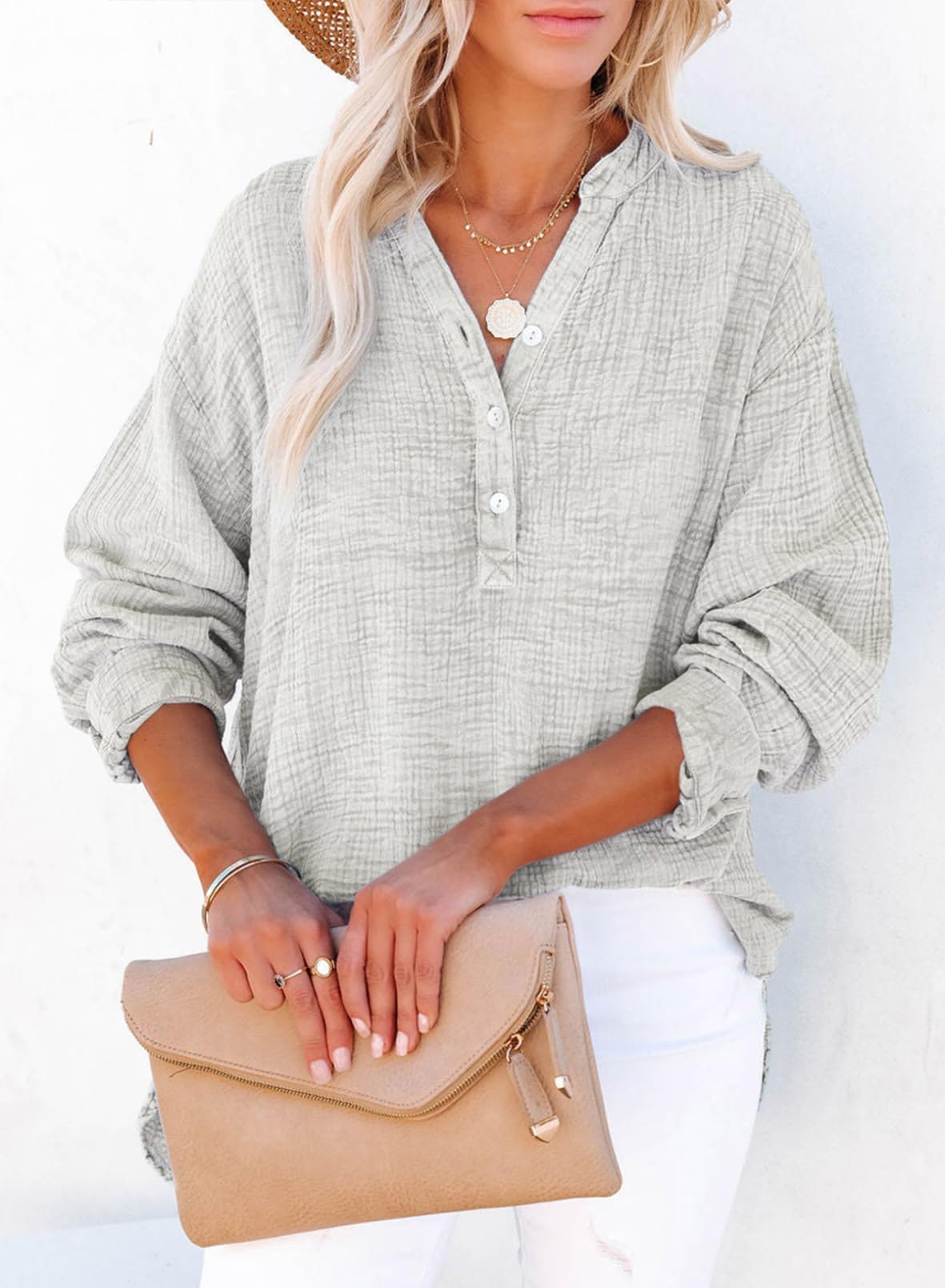 Women's Casual V-Neck Gauze Blouse